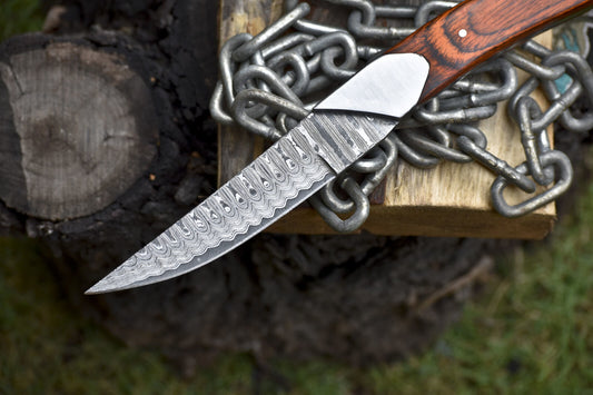 Forged Ladder Damascus Skinner Knife with Hard Wood Handle and Steel Bolster 10 Inch EDC
