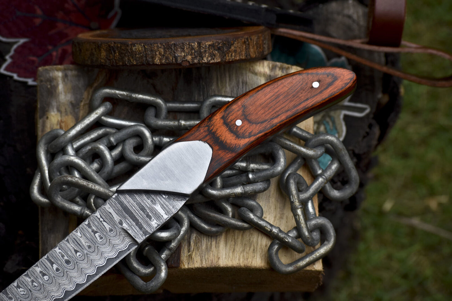 Forged Ladder Damascus Skinner Knife with Hard Wood Handle and Steel Bolster 10 Inch EDC