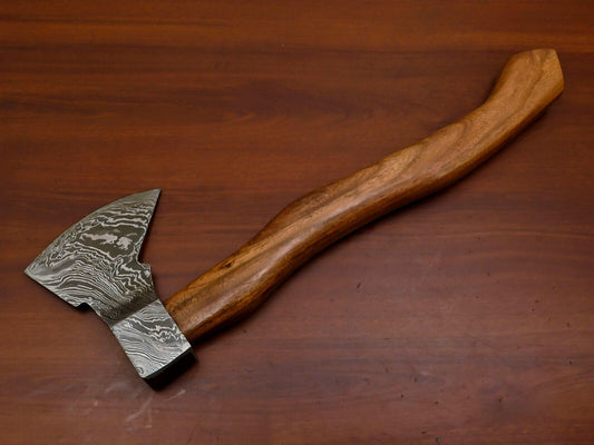 Exquisite Handmade Damascus Steel Tomahawk Axe with Walnut Wood Handle and Leather Sheath