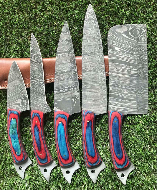 Handmade Twist Damascus Steel Chef Knife Set – Pakka Wood Handle