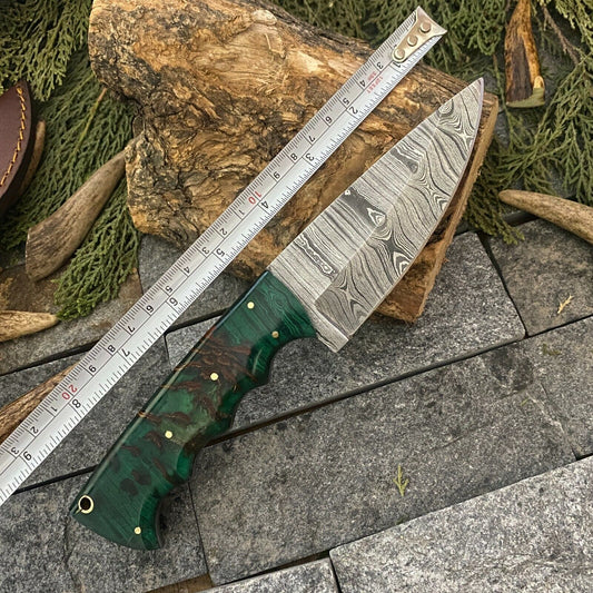 Damascus Bowie – Resin Handle, 9" Hand-Forged Blade with Leather Sheath