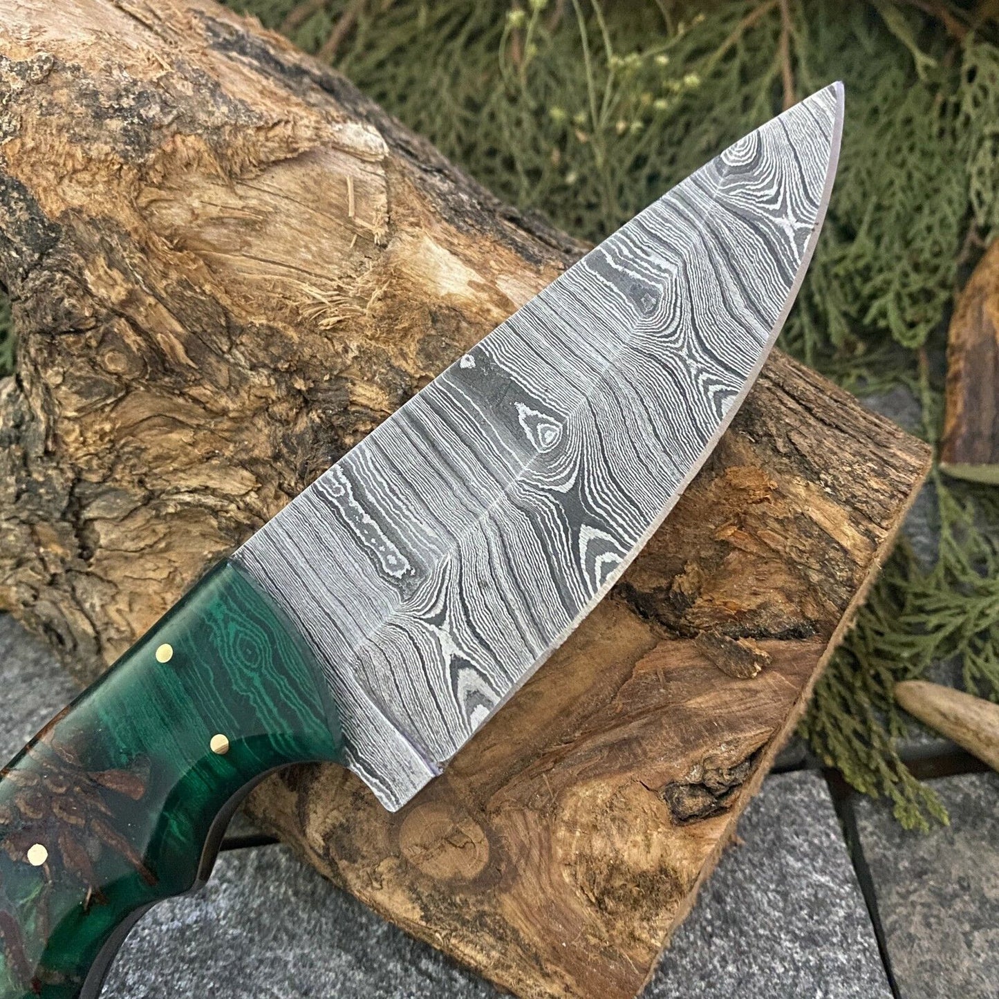 Damascus Bowie – Resin Handle, 9" Hand-Forged Blade with Leather Sheath