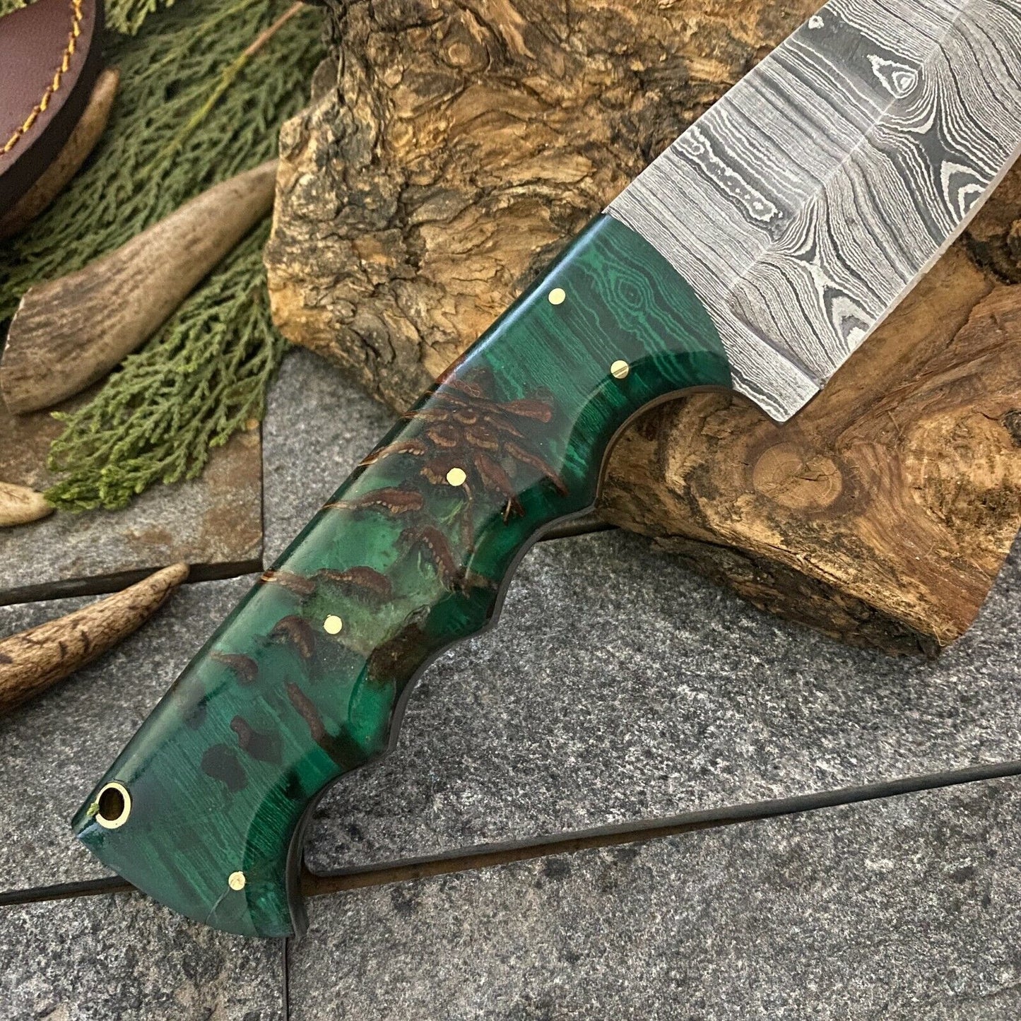 Damascus Bowie – Resin Handle, 9" Hand-Forged Blade with Leather Sheath