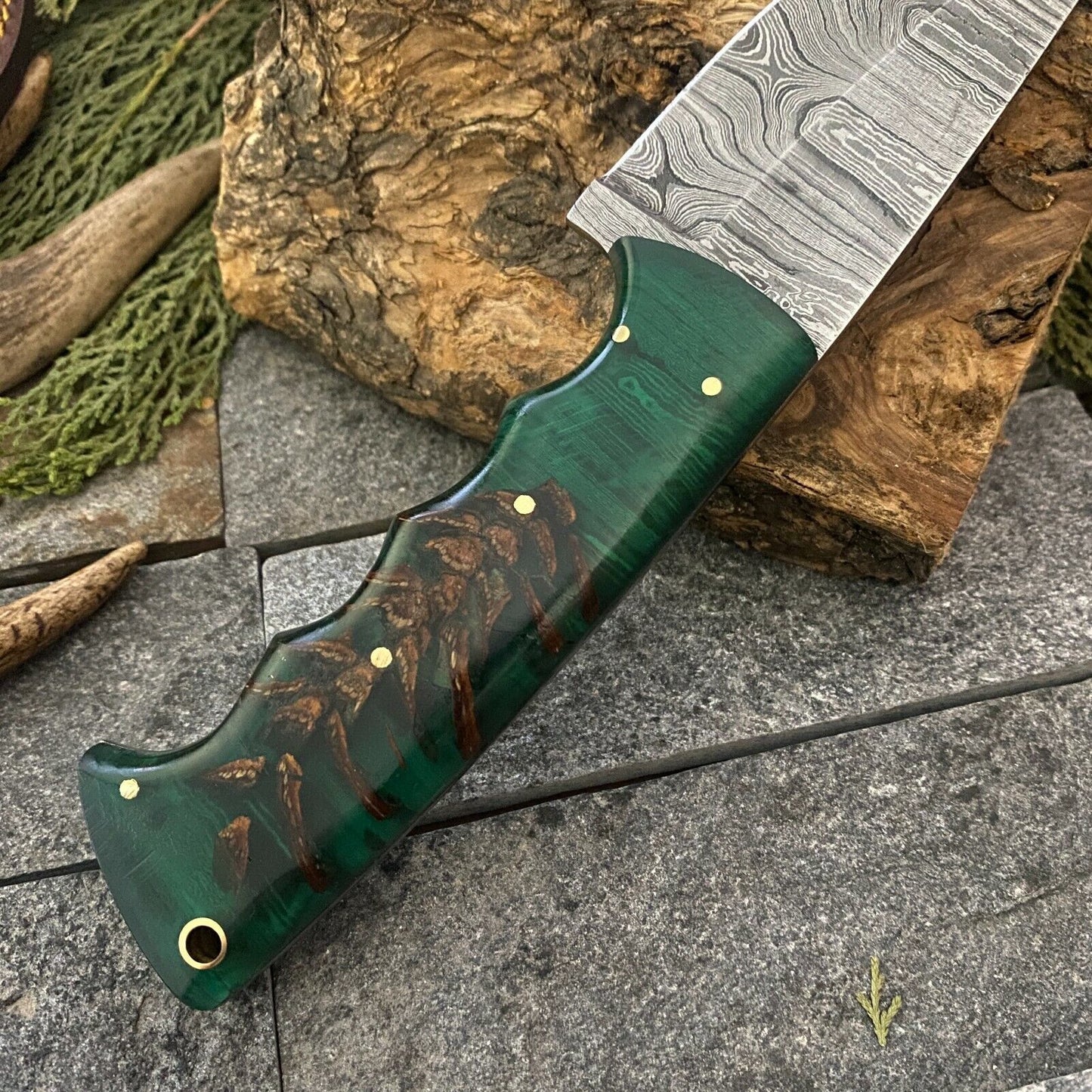 Damascus Bowie – Resin Handle, 9" Hand-Forged Blade with Leather Sheath