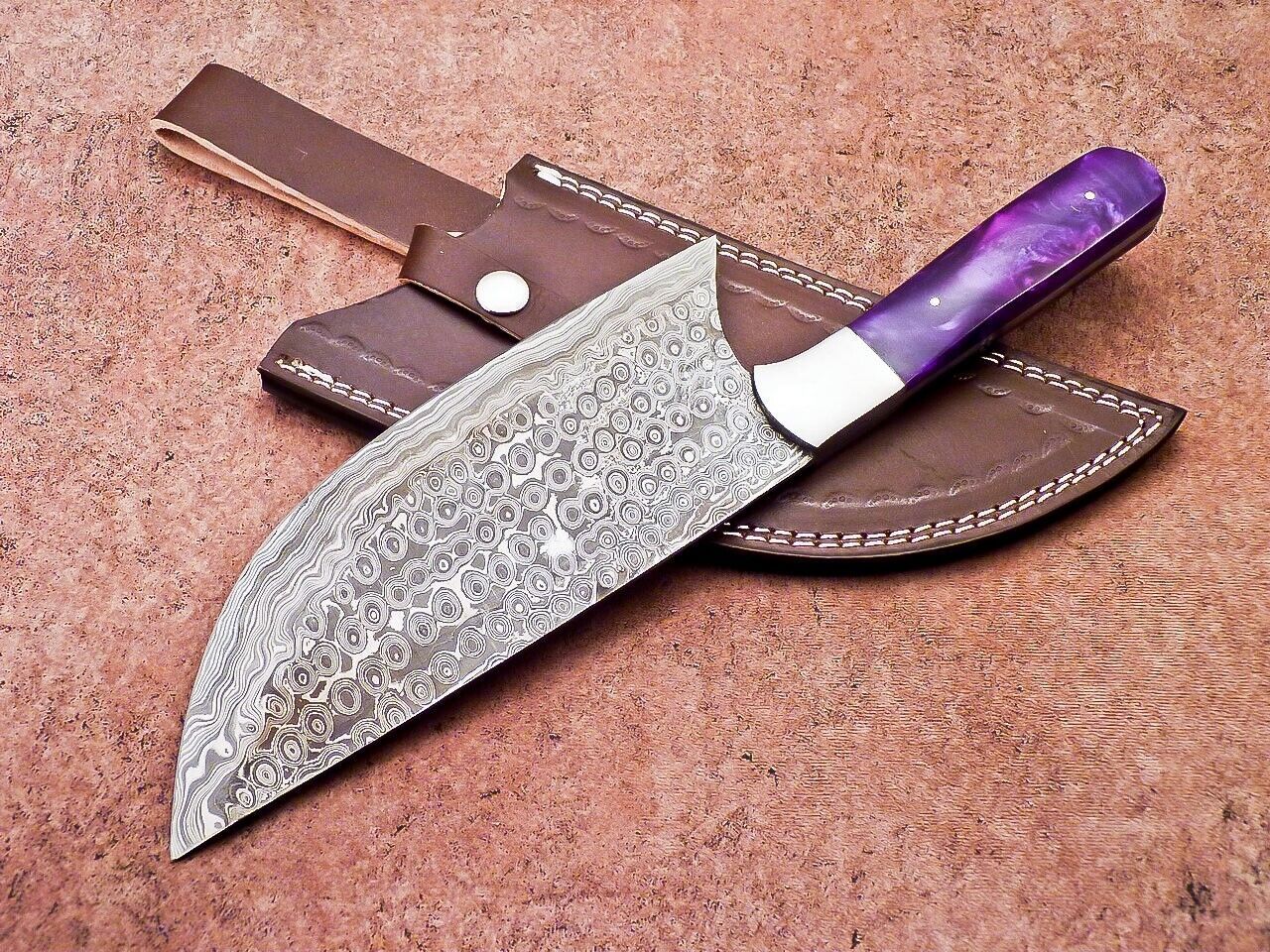 12" Professional Chef Chopper Knife Cleaver Damascus Blade with Resin Handle & Leather Sheath