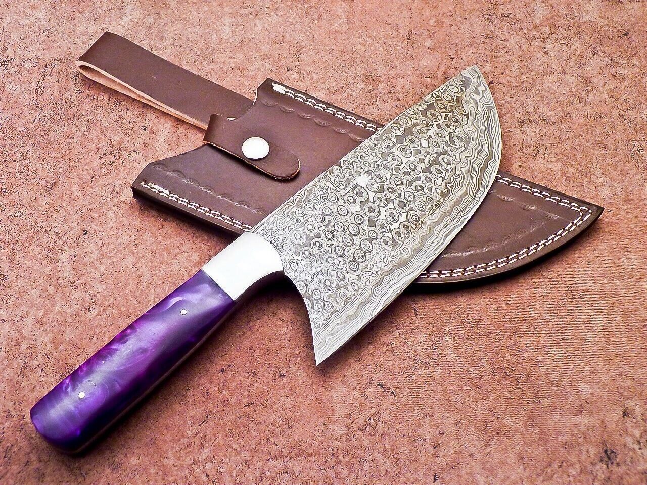 12" Professional Chef Chopper Knife Cleaver Damascus Blade with Resin Handle & Leather Sheath