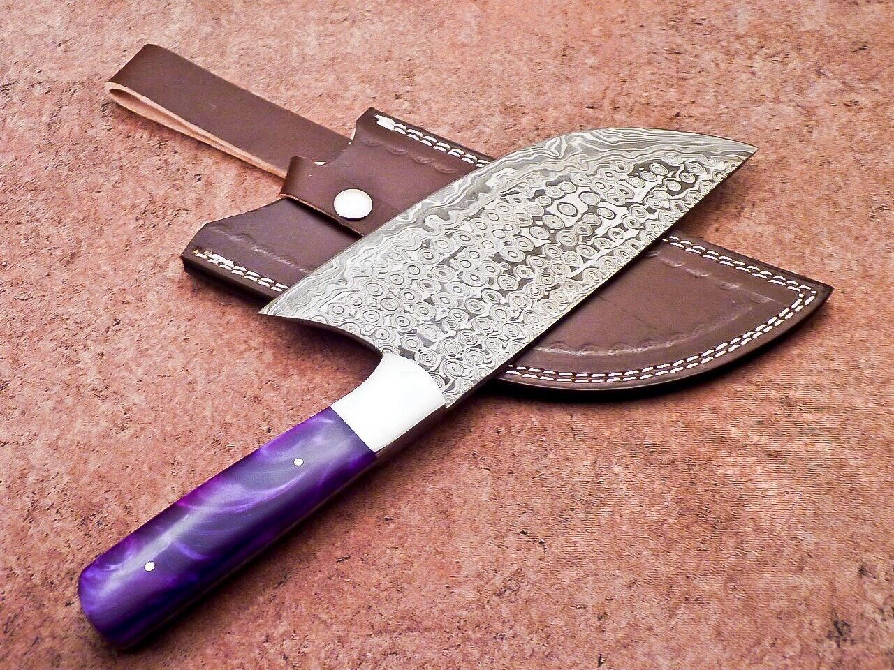 12" Professional Chef Chopper Knife Cleaver Damascus Blade with Resin Handle & Leather Sheath