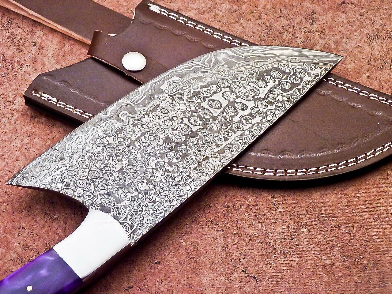 12" Professional Chef Chopper Knife Cleaver Damascus Blade with Resin Handle & Leather Sheath