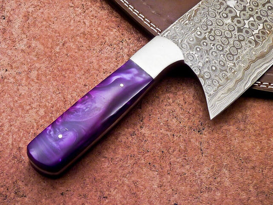 12" Professional Chef Chopper Knife Cleaver Damascus Blade with Resin Handle & Leather Sheath
