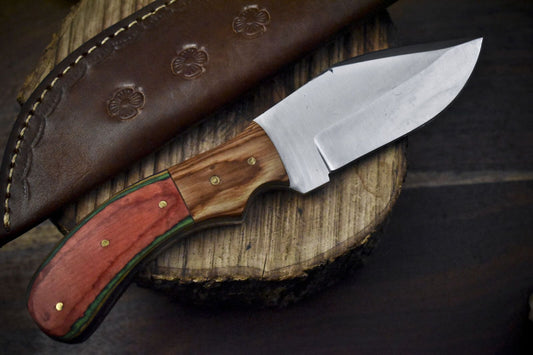 Handmade Skinner Knife | AUS-8 Steel | Hardwood Handle & Wooden Bolster | 8" Hunting Knife w/ Leather Sheath