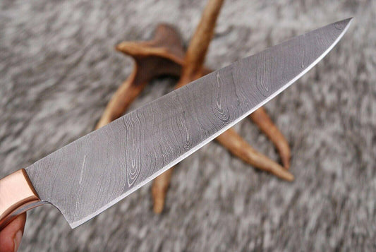 Hand Forged Damascus Steel Chef Knife with Copper Guard & Olive Wood Handle – 12"