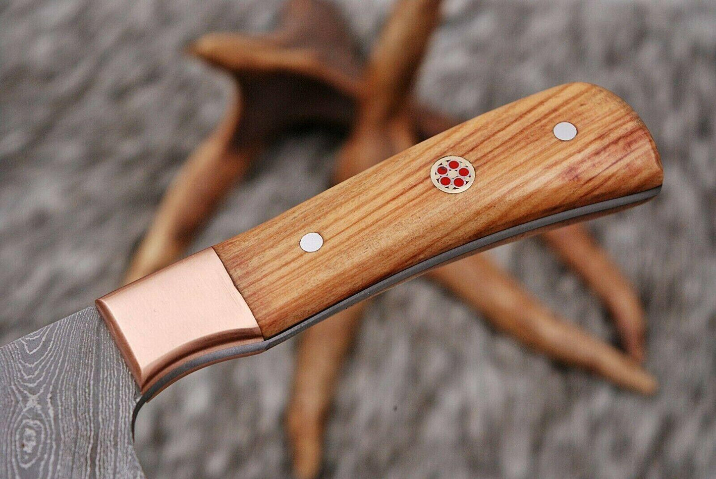 Hand Forged Damascus Steel Chef Knife with Copper Guard & Olive Wood Handle – 12"