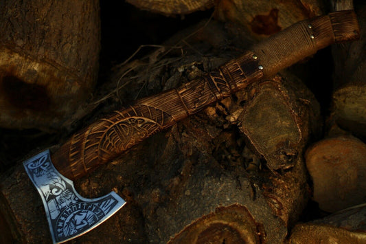 Hand Forged Viking Camping Steel Etching Axe Hatchet with Wooden Handle and Leather Sheath