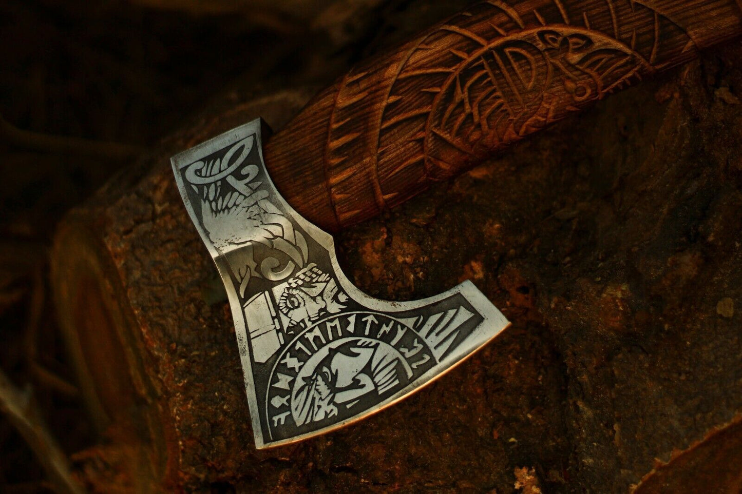 Hand Forged Viking Camping Steel Etching Axe Hatchet with Wooden Handle and Leather Sheath