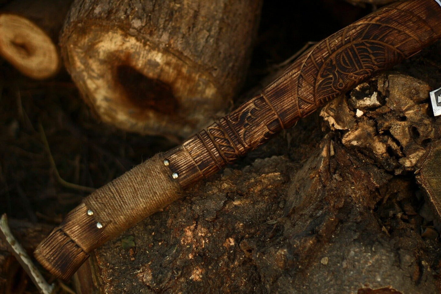 Hand Forged Viking Camping Steel Etching Axe Hatchet with Wooden Handle and Leather Sheath