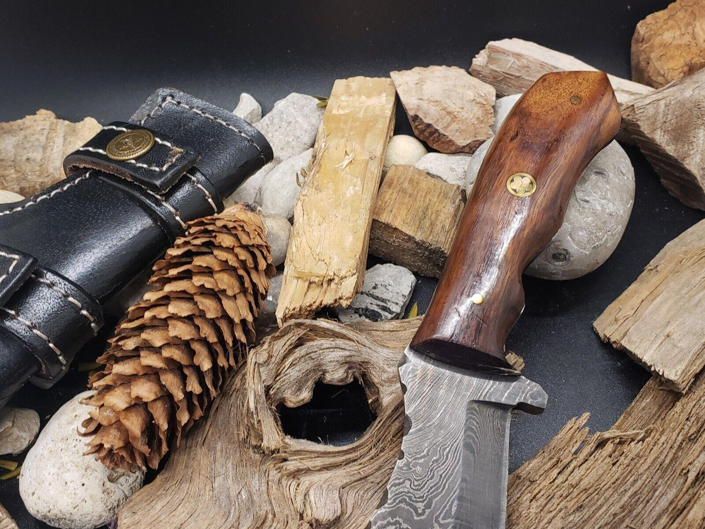 Hand Forged Damascus Steel EDC Hunting Tracker Knife | 9" | Rosewood Handle | Leather Sheath