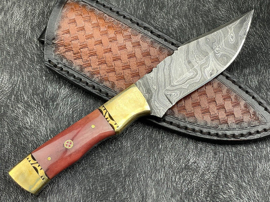 Heritage Forge 9 Inch Damascus Steel Hunting Skinning Knife with Resin Handle and brass including Leather Sheath