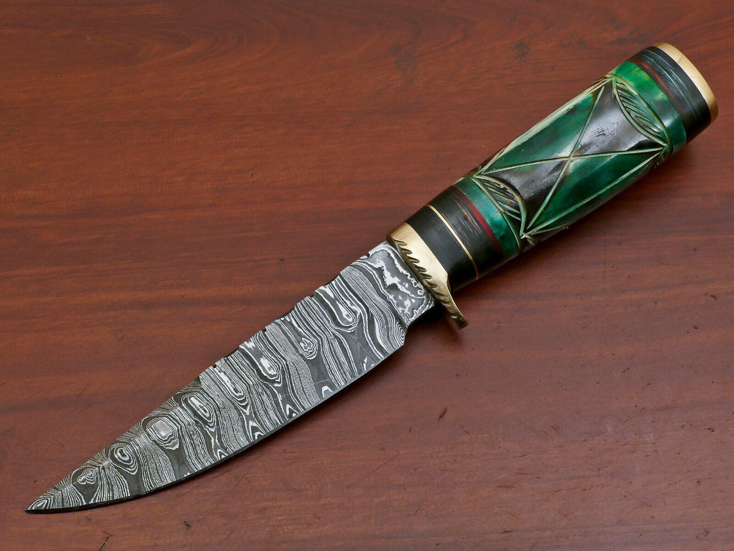 10" Damascus Bowie Knife – Camel Bone & Pakka Wood Handle with Brass Guard