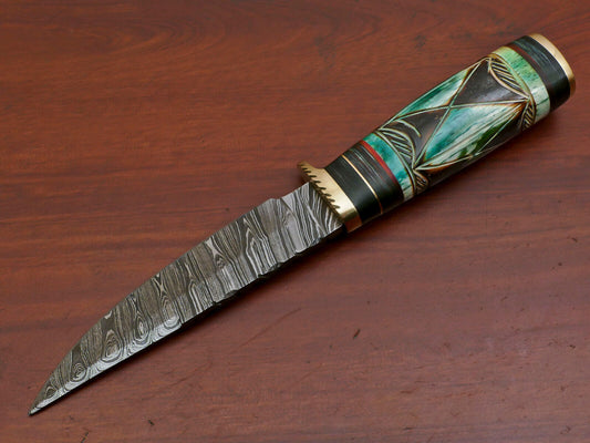 10" Damascus Bowie Knife – Camel Bone & Pakka Wood Handle with Brass Guard