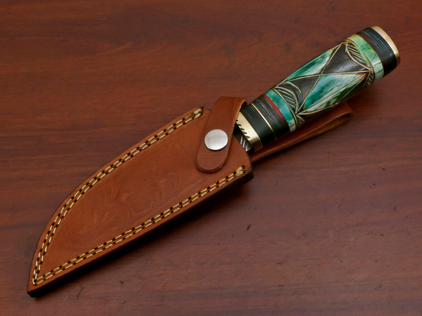 10" Damascus Bowie Knife – Camel Bone & Pakka Wood Handle with Brass Guard
