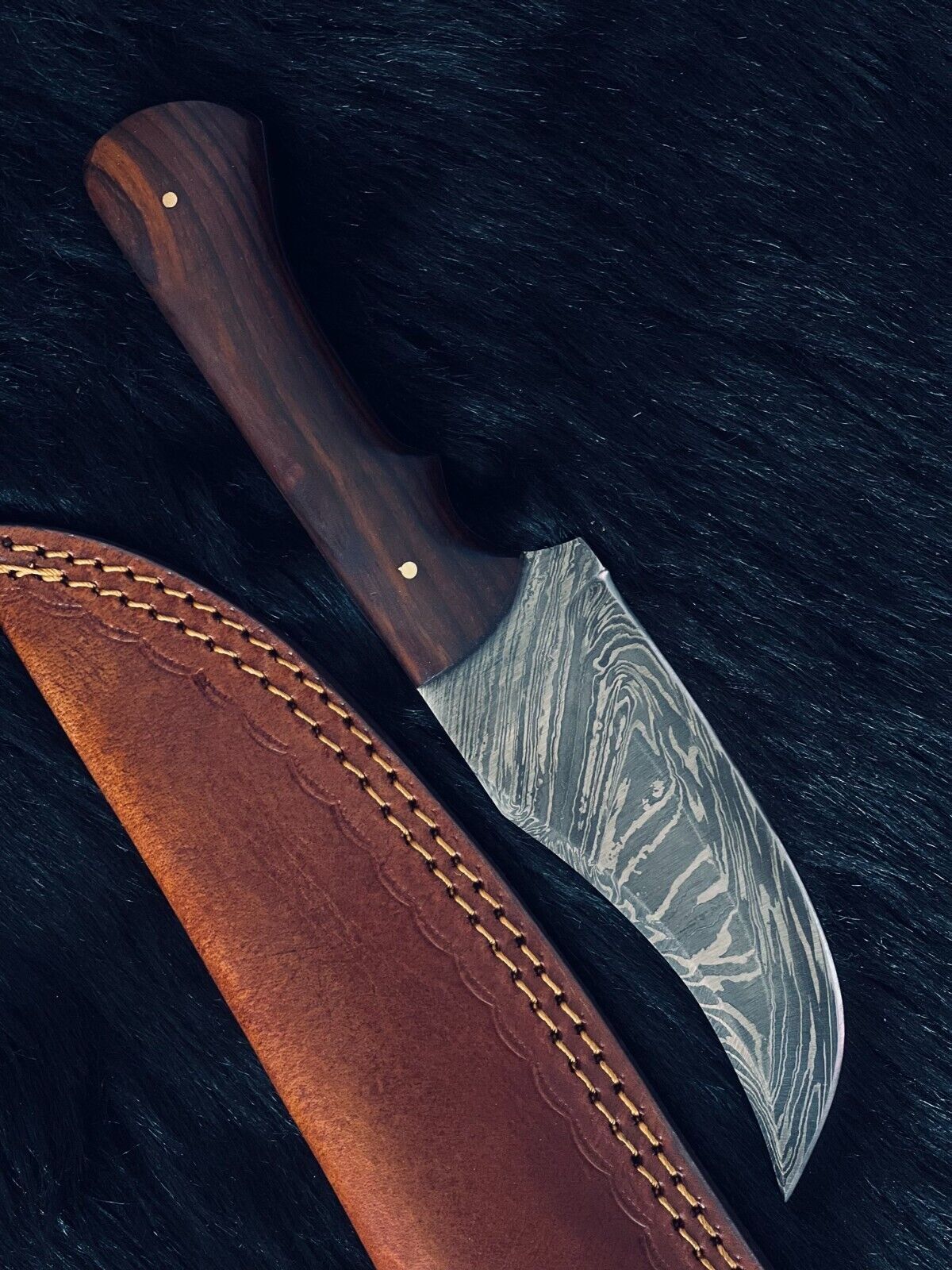 Heritage Forge 10 Inch Twist Damascus Steel Skinning Knife with Wood Handle