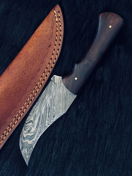 Heritage Forge 10 Inch Twist Damascus Steel Skinning Knife with Wood Handle