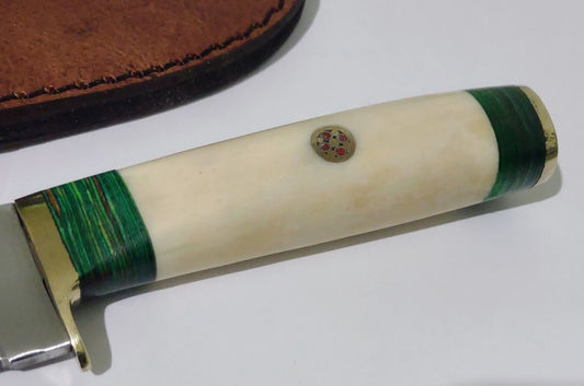 7.375" Hunting Bowie Knife 440 Stainless Steel Drop Point Blade White Bone Handle with Leather Sheath