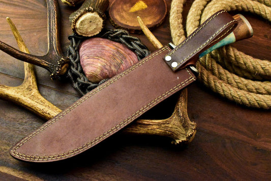 15" Handmade Damascus Hunting Bowie Knife | Laser Etched Stained Camel Bone Handle