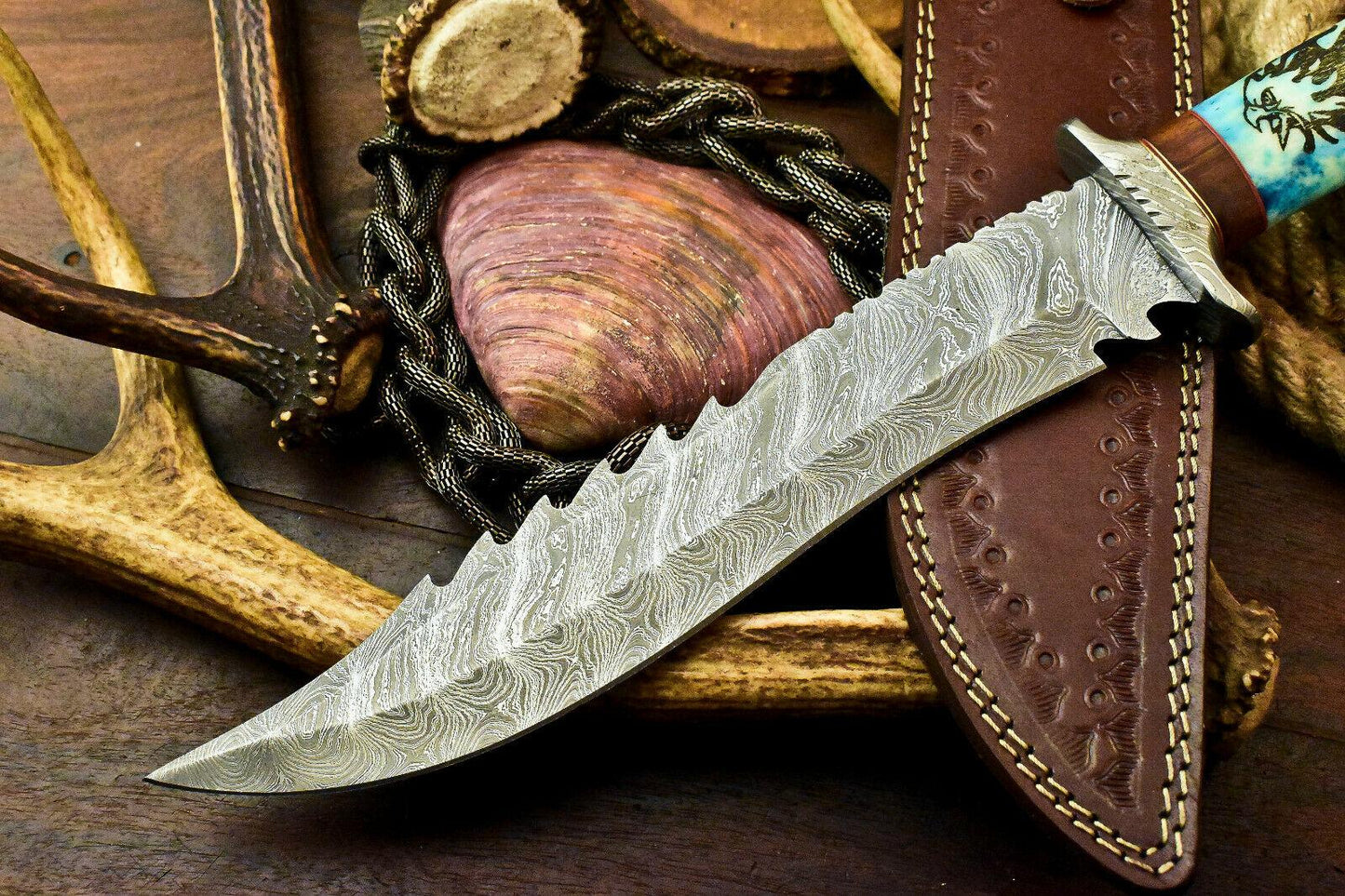 15" Handmade Damascus Hunting Bowie Knife | Laser Etched Stained Camel Bone Handle