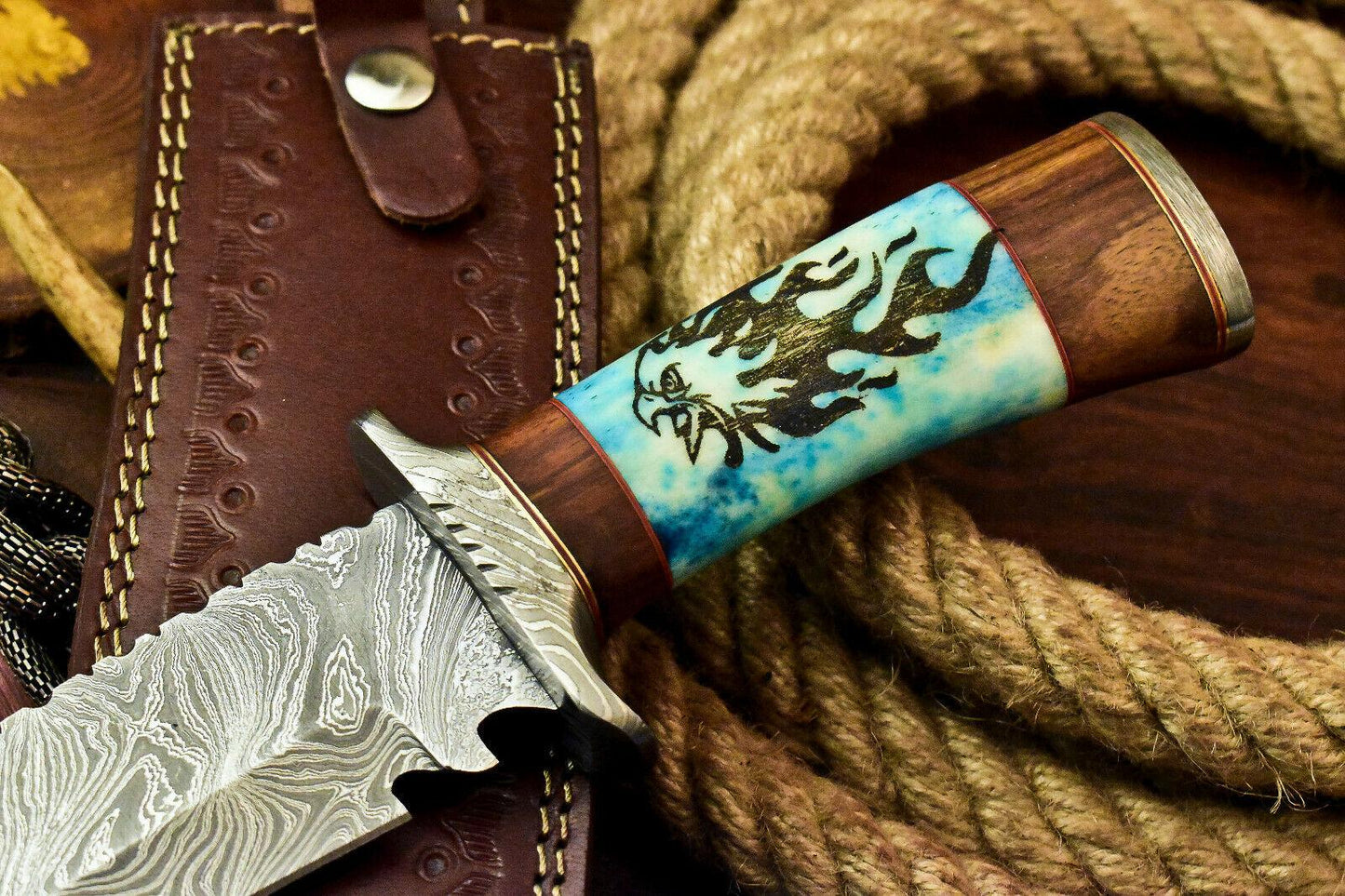 15" Handmade Damascus Hunting Bowie Knife | Laser Etched Stained Camel Bone Handle
