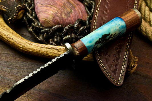 15" Damascus Bowie Knife Damascus Steel Knife with Camel Bone & Leather Sheath