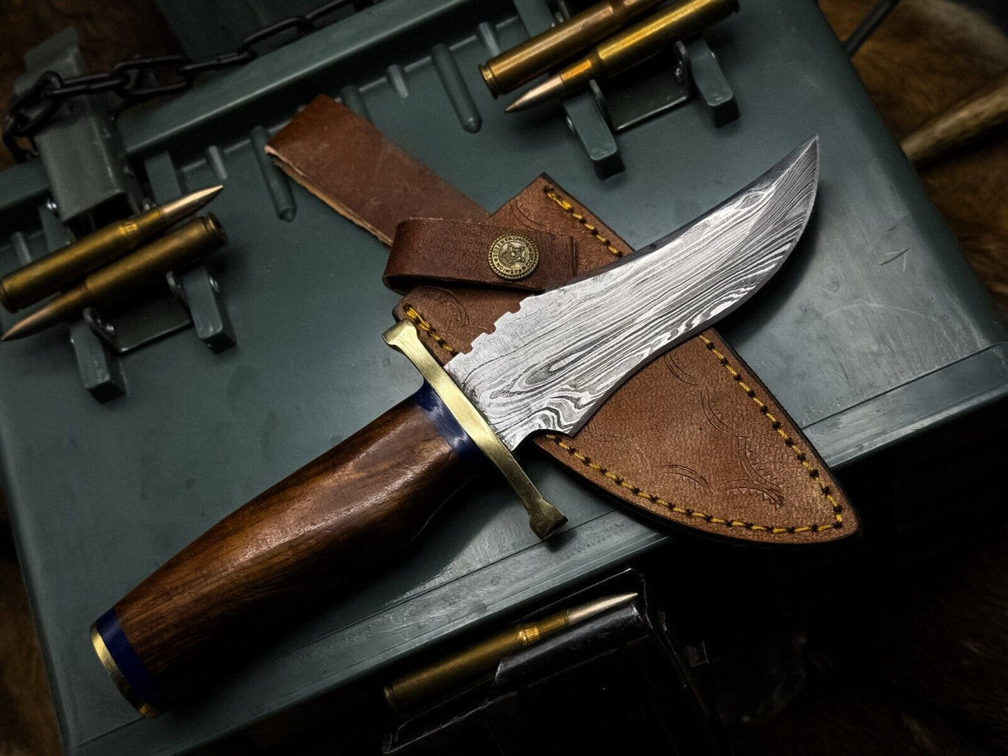 Hand-Forged Damascus Bowie Knife – Full Tang Hunting Blade with Twist Hardwood Handle & Sheath | Heritage Forge