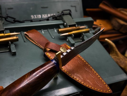 Hand-Forged Damascus Bowie Knife – Full Tang Hunting Blade with Twist Hardwood Handle & Sheath | Heritage Forge