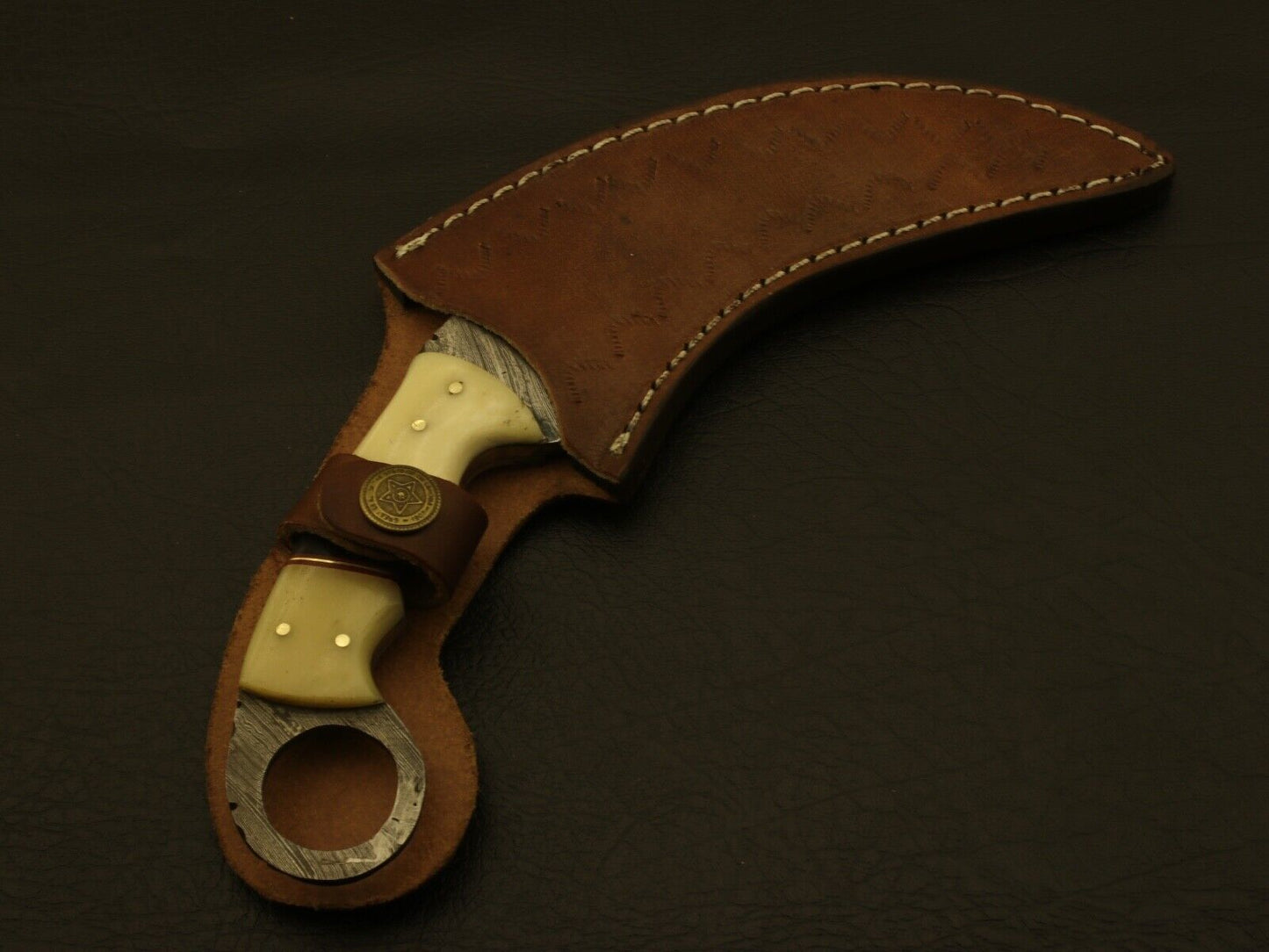 9” Handmade Double Edged Damascus Karambit Knife With Camel and Buffalo Bone Handle
