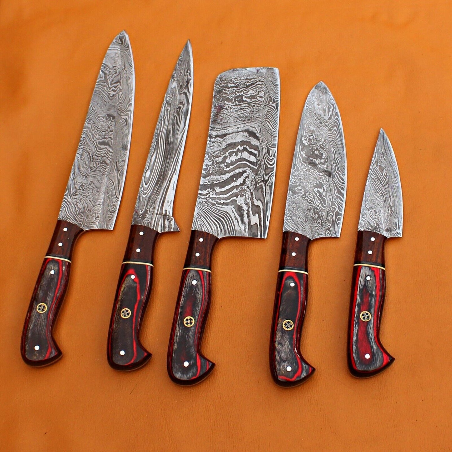 Custom Handmade Twist Damascus Steel Chef Set with Sheath – Hunting Knife