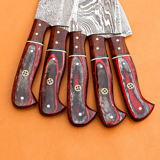 Custom Handmade Twist Damascus Steel Chef Set with Sheath – Hunting Knife