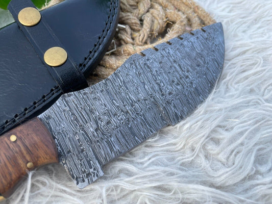 12" Handmade Damascus Steel Tracker Knife – Red Deer Stag Handle, Big Game Hunting Knife with Leather Sheath