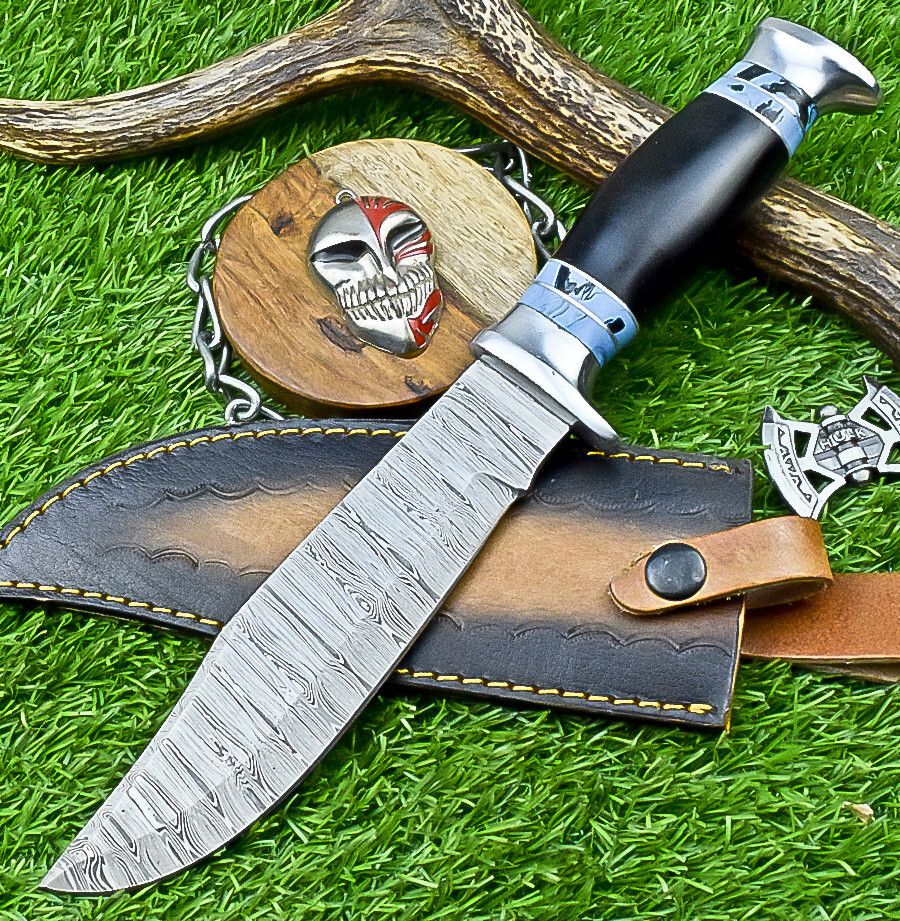 12" Damascus Steel Bowie Knife – Resin Handle & Leather Sheath
