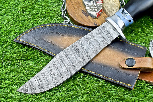 12" Damascus Steel Bowie Knife – Resin Handle & Leather Sheath