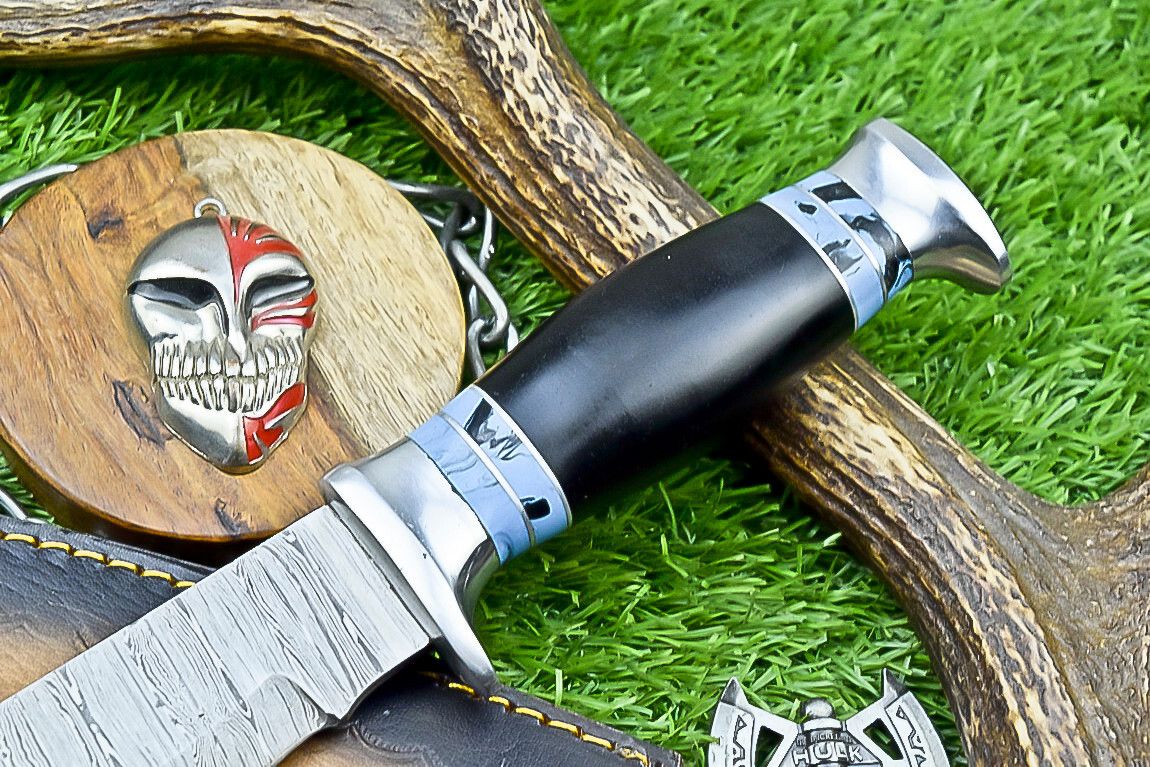 12" Damascus Steel Bowie Knife – Resin Handle & Leather Sheath