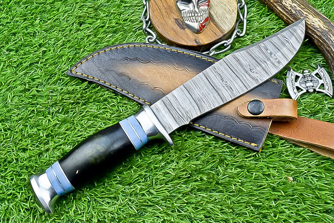 12" Damascus Steel Bowie Knife – Resin Handle & Leather Sheath