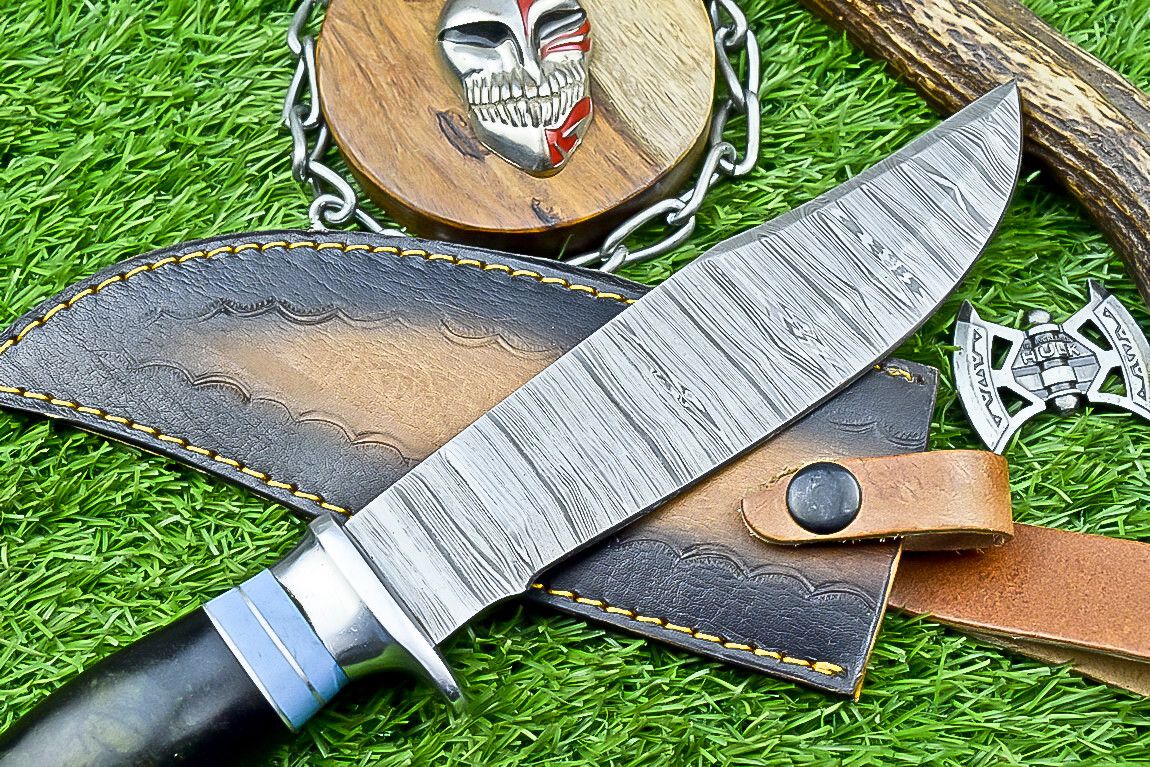 12" Damascus Steel Bowie Knife – Resin Handle & Leather Sheath