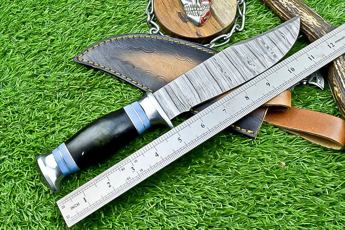 12" Damascus Steel Bowie Knife – Resin Handle & Leather Sheath