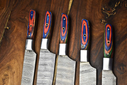 Custom Lot of 5 Handmade Hammered Damascus Steel Chef Knife Set – Full Tang Kitchen Blades