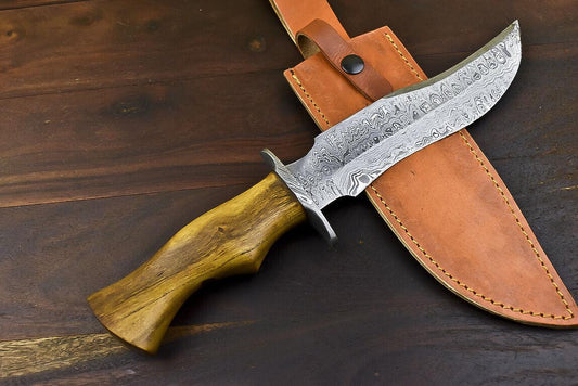 13.5" Handmade Damascus Bowie Knife – Hardwood Handle