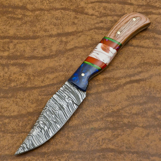 Heritage Forge Handmade Damascus Skinner Hunting Knife with Resin and Wood Handle – Custom Fixed Blade