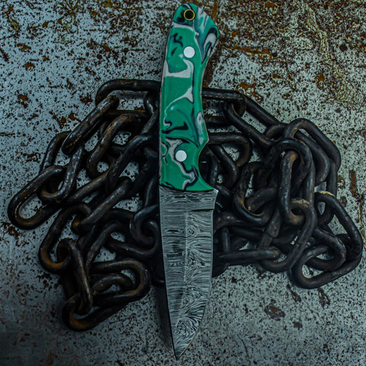 8.5 Inch Damascus Bowie Hunting Knife with Resin Handle and Leather Sheath