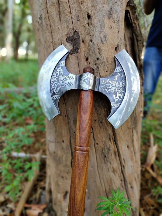 Double Head Carbon Steel Viking Axe – Outdoor Hunting and Camping Axe with Wood Handle