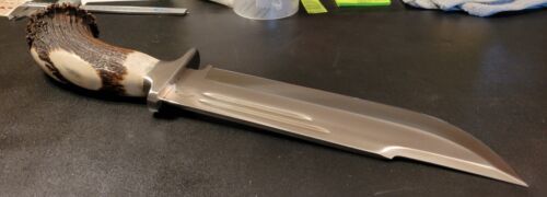 Handmade D2 Steel Bowie Knife with Stag Crown Handle & Leather Sheath