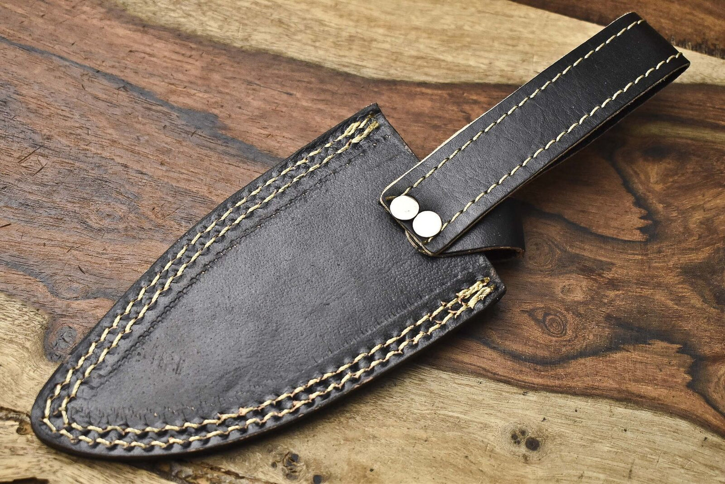 Forged Rain Drop Damascus Skinner Knife – Camel Bone & Wood Handle with Leather Sheath